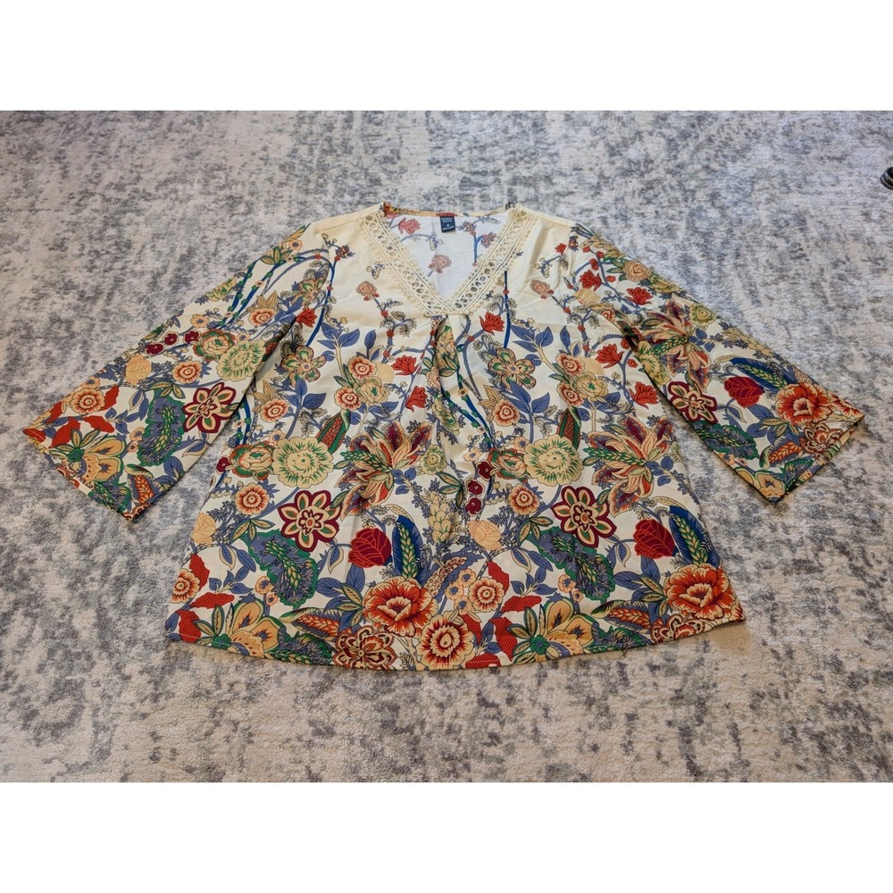 Emery Rose Floral Botanical Boho Blouse Folk Eclectic Peasant Top Women's Medium
